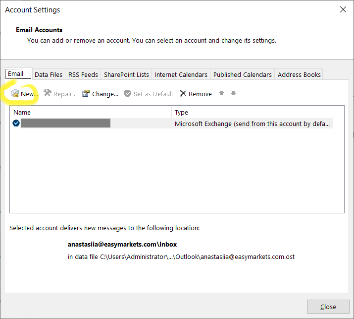 Add new account in outlook