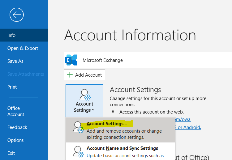 outlook account settings
